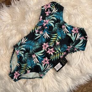 Art Class Girls Floral Ribbed Swimsuit 6/6X Black Pink Tropical UPF 50+ NWT